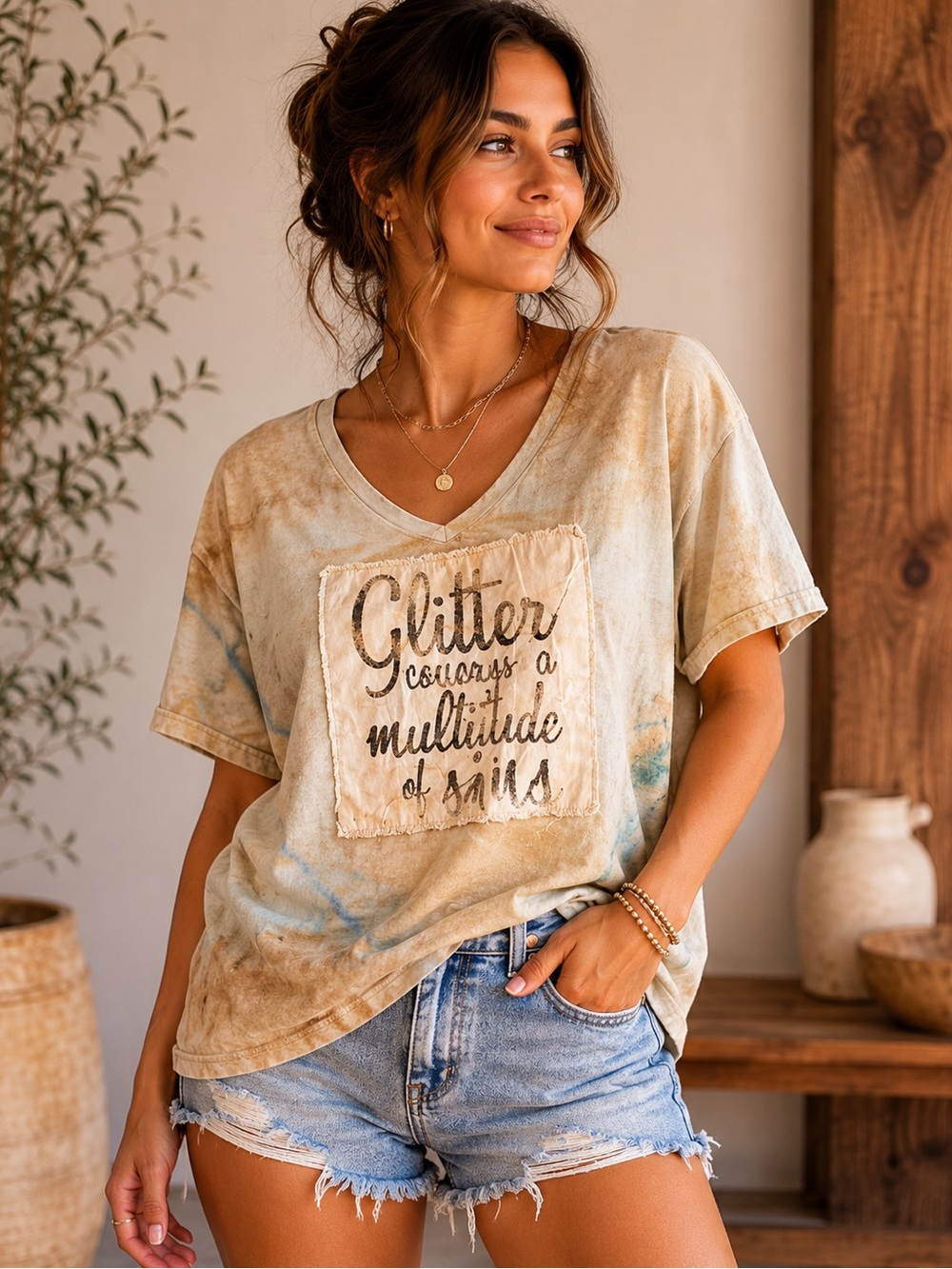 Casual V-Neck Graphic Shirt - Tie dyed with Printed Patch